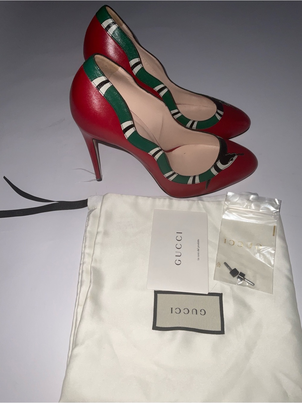 Gucci Red Leather Pumps with Green and White Trim
